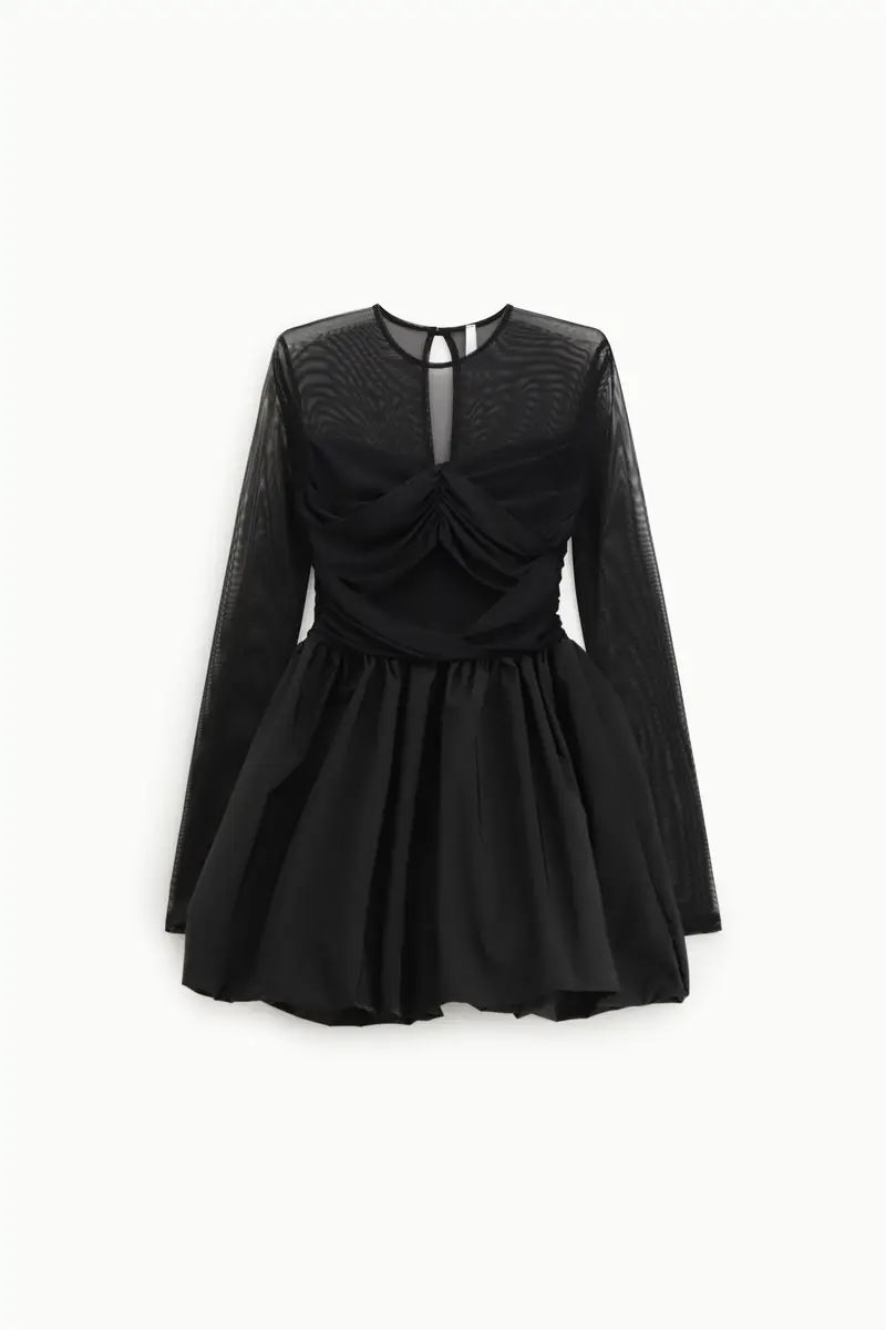Abito corto con maniche trasparenti e gonna ampia Nero