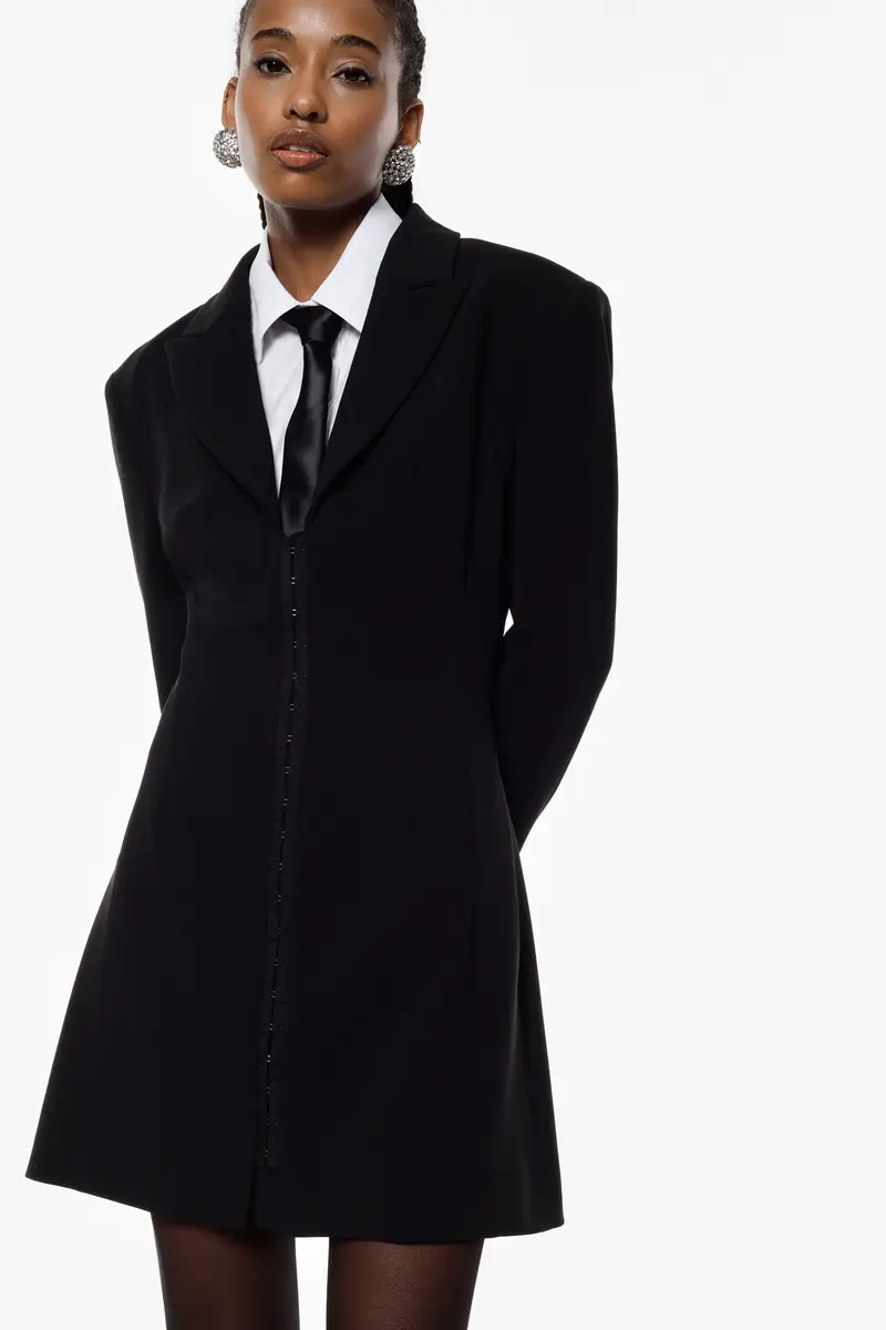 Abito corto con revers e chiusura centrale Nero miniatura 2