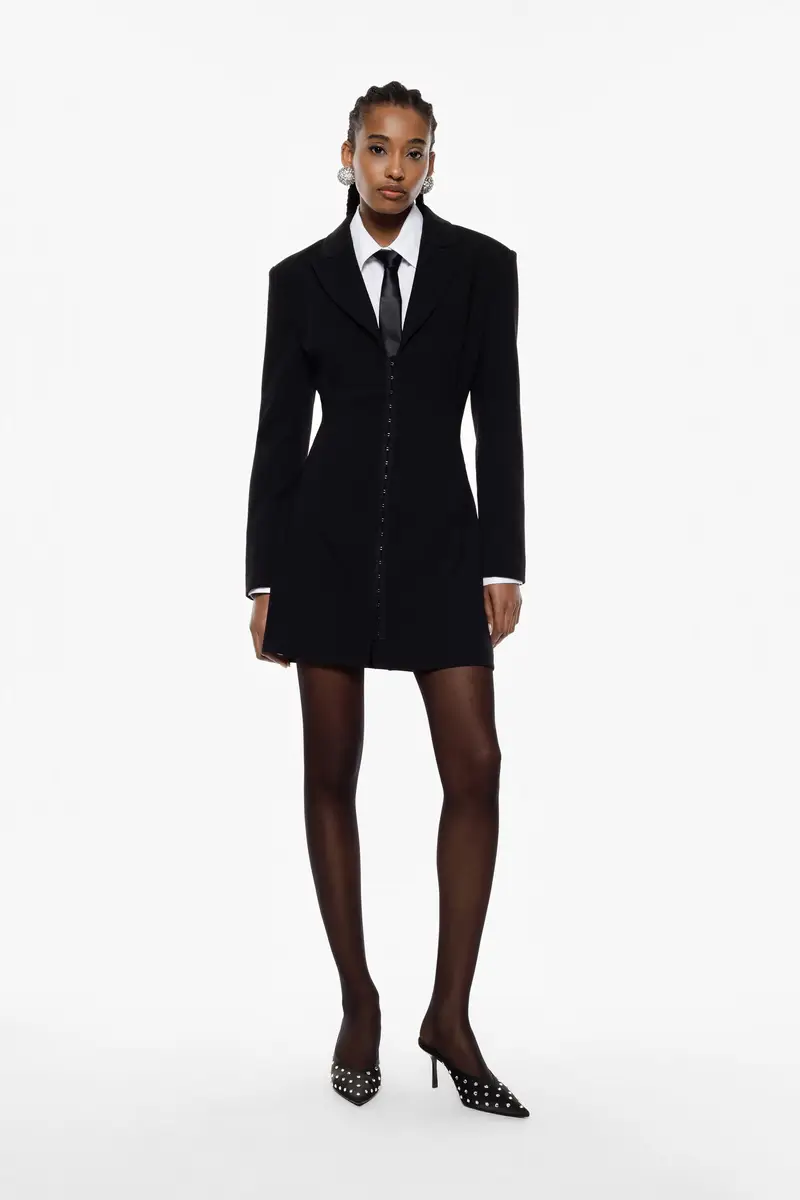 Abito corto con revers e chiusura centrale Nero miniatura 3