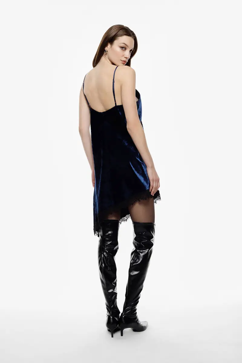 Abito corto con spalline e bordo in pizzo Blu miniatura 3