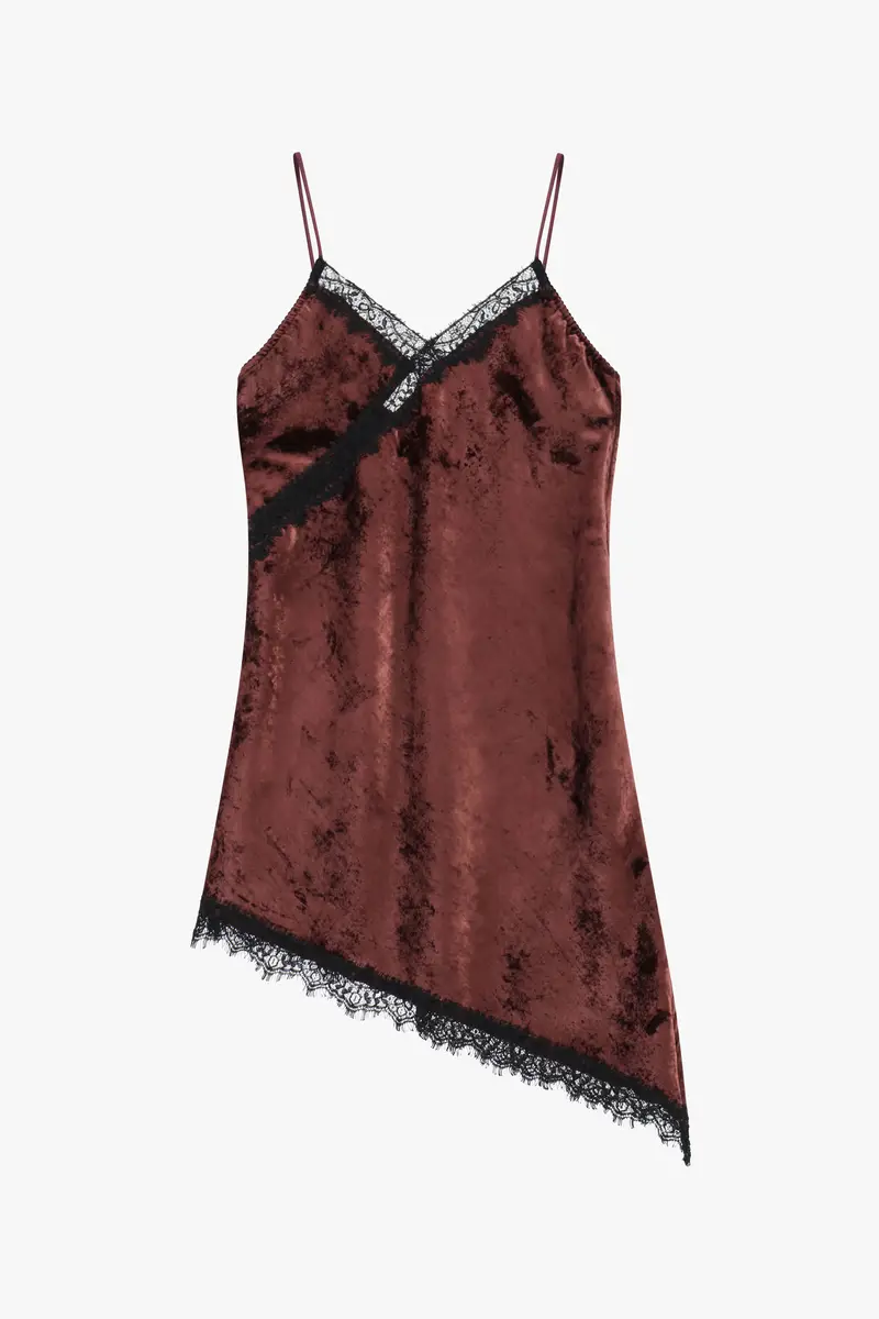 Abito corto con spalline e bordo in pizzo Bordeaux