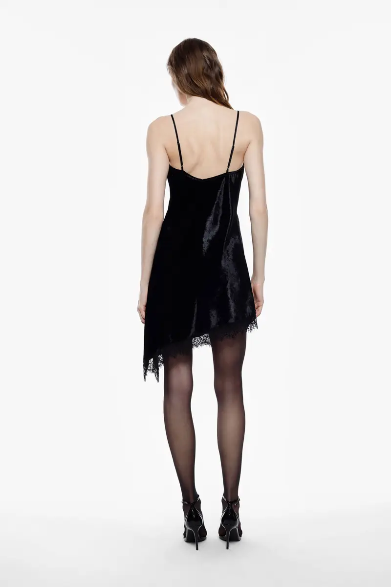 Abito corto con spalline e bordo in pizzo Nero miniatura 3