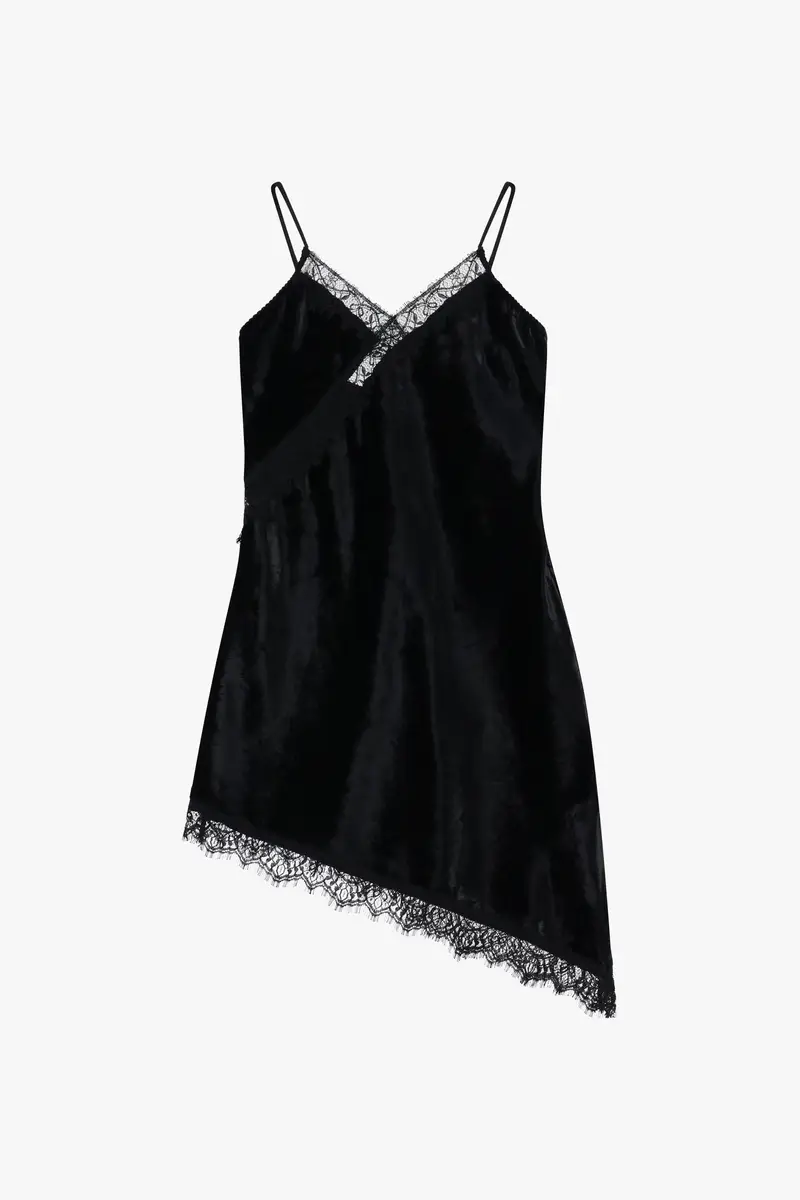 Abito corto con spalline e bordo in pizzo Nero