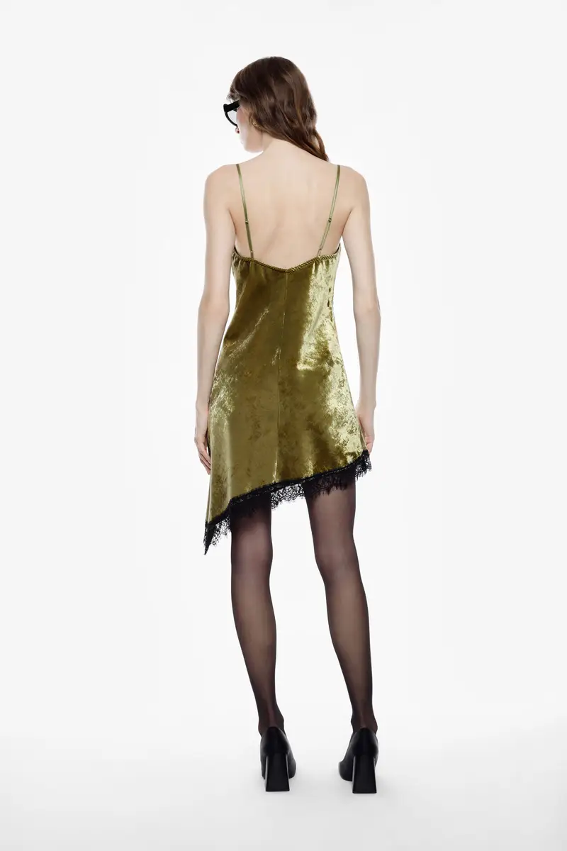 Abito corto con spalline e bordo in pizzo Oliva miniatura 3