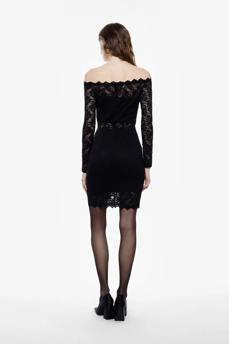 Abito corto in pizzo con maniche lunghe Nero miniatura 3