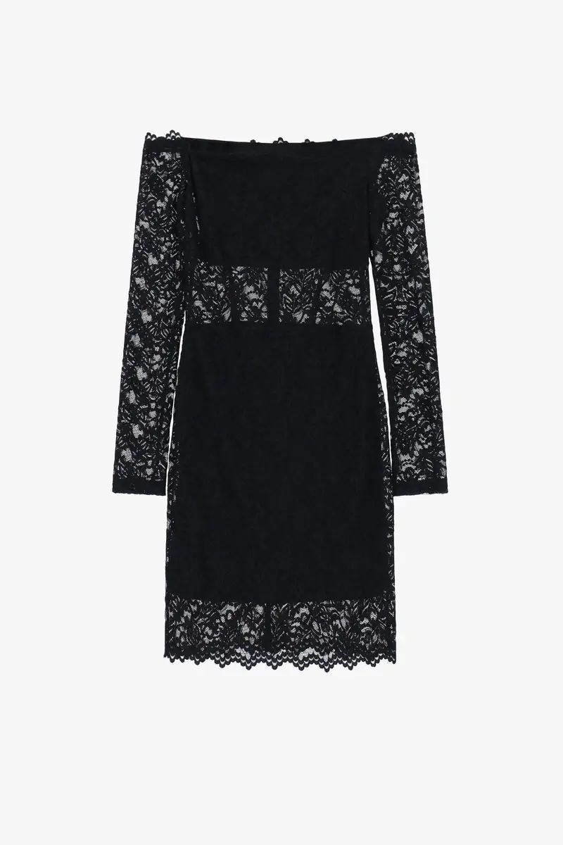 Abito corto in pizzo con maniche lunghe Nero