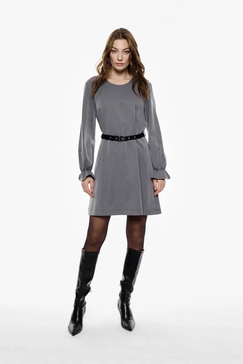 Abito corto maniche lunghe cintura coordinata Grigio miniatura 2