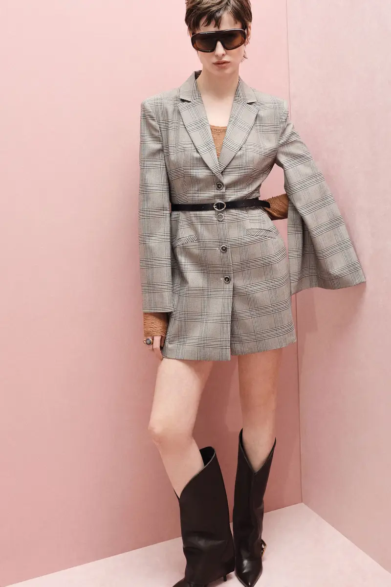 Abito corto motivo check con maniche aperte Panna miniatura 3