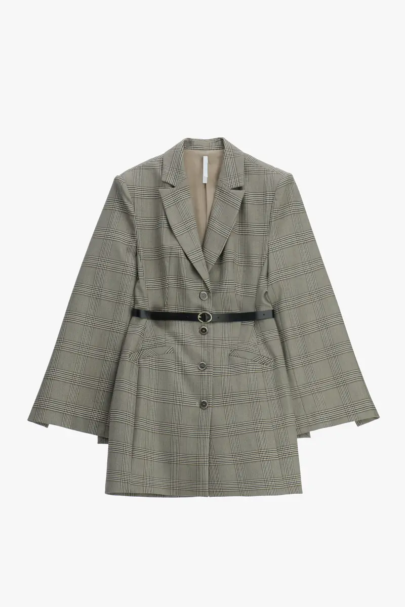 Abito corto motivo check con maniche aperte Panna