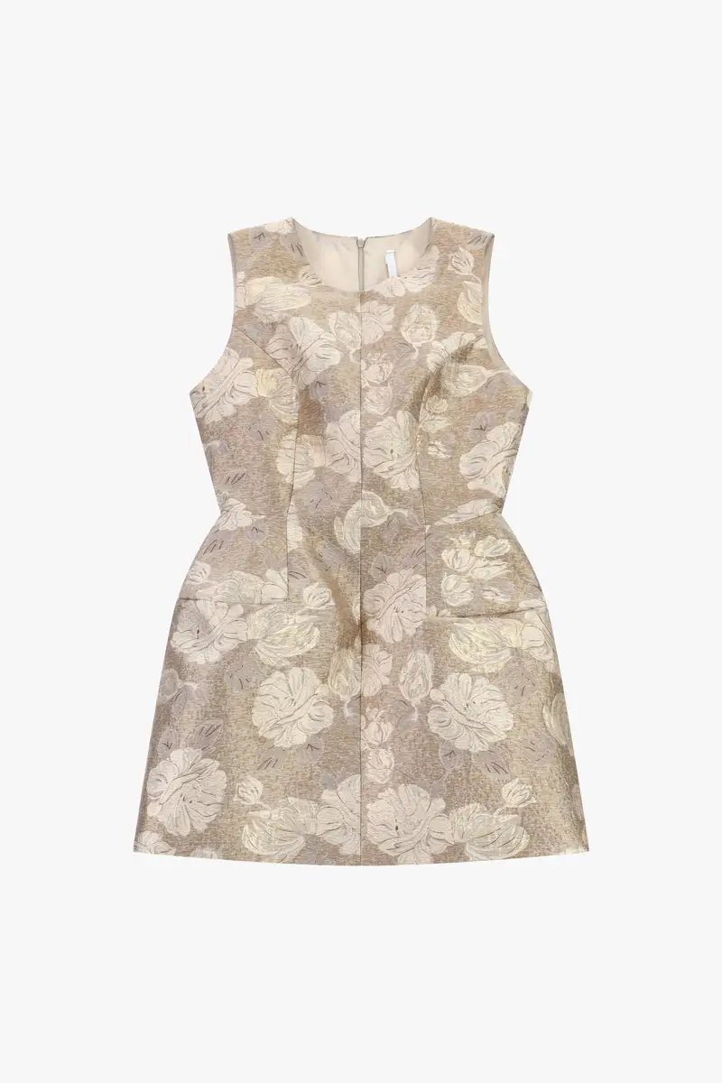 Abito corto smanicato stampato con zip Beige