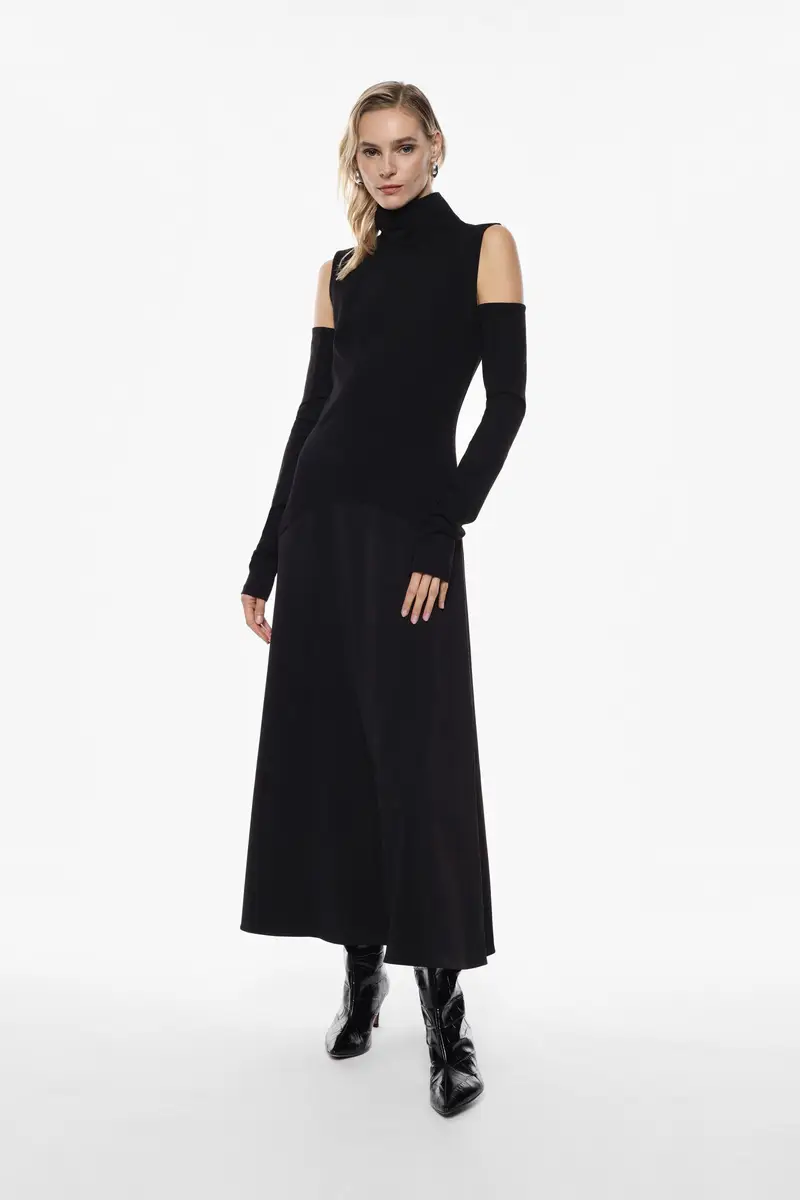 Abito lungo a collo alto senza maniche Nero miniatura 2