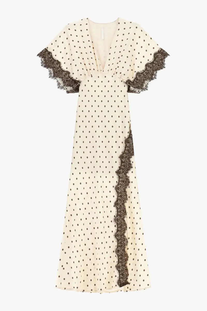 Abito lungo a pois con maniche ampie e pizzo Panna