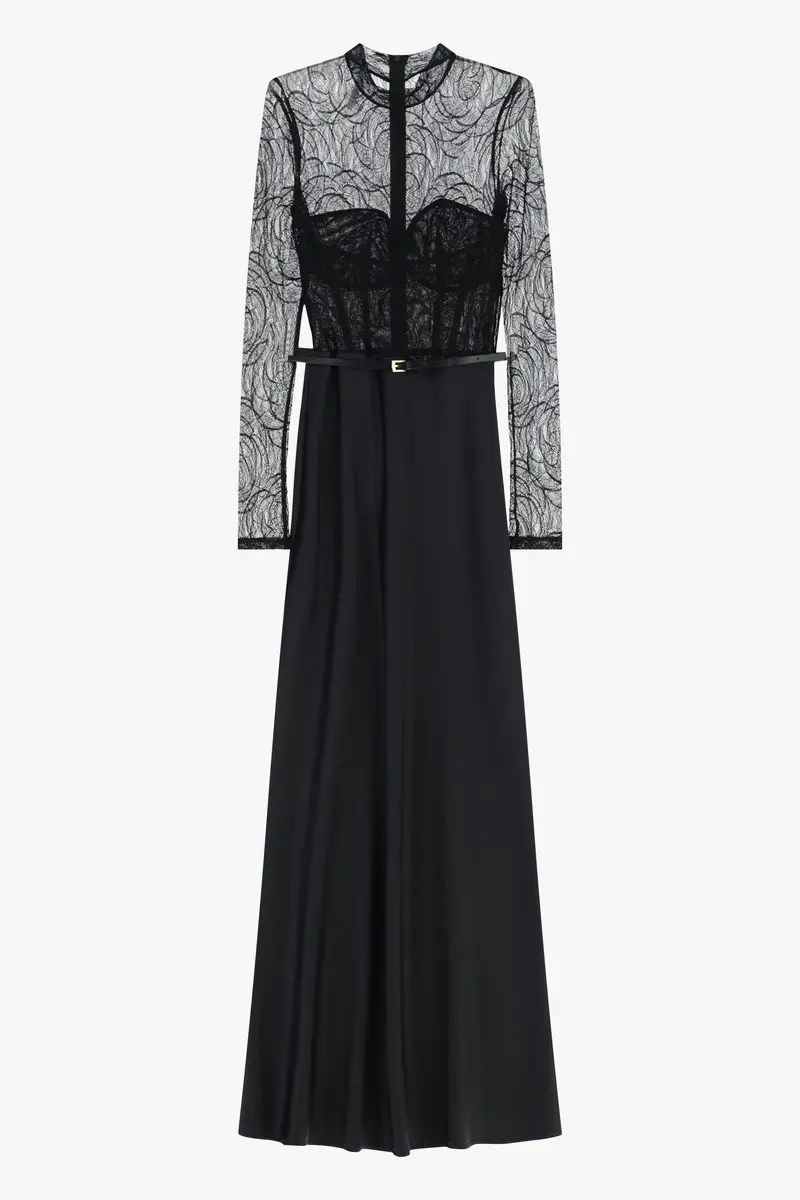 Abito lungo con bustier e maniche in pizzo Nero