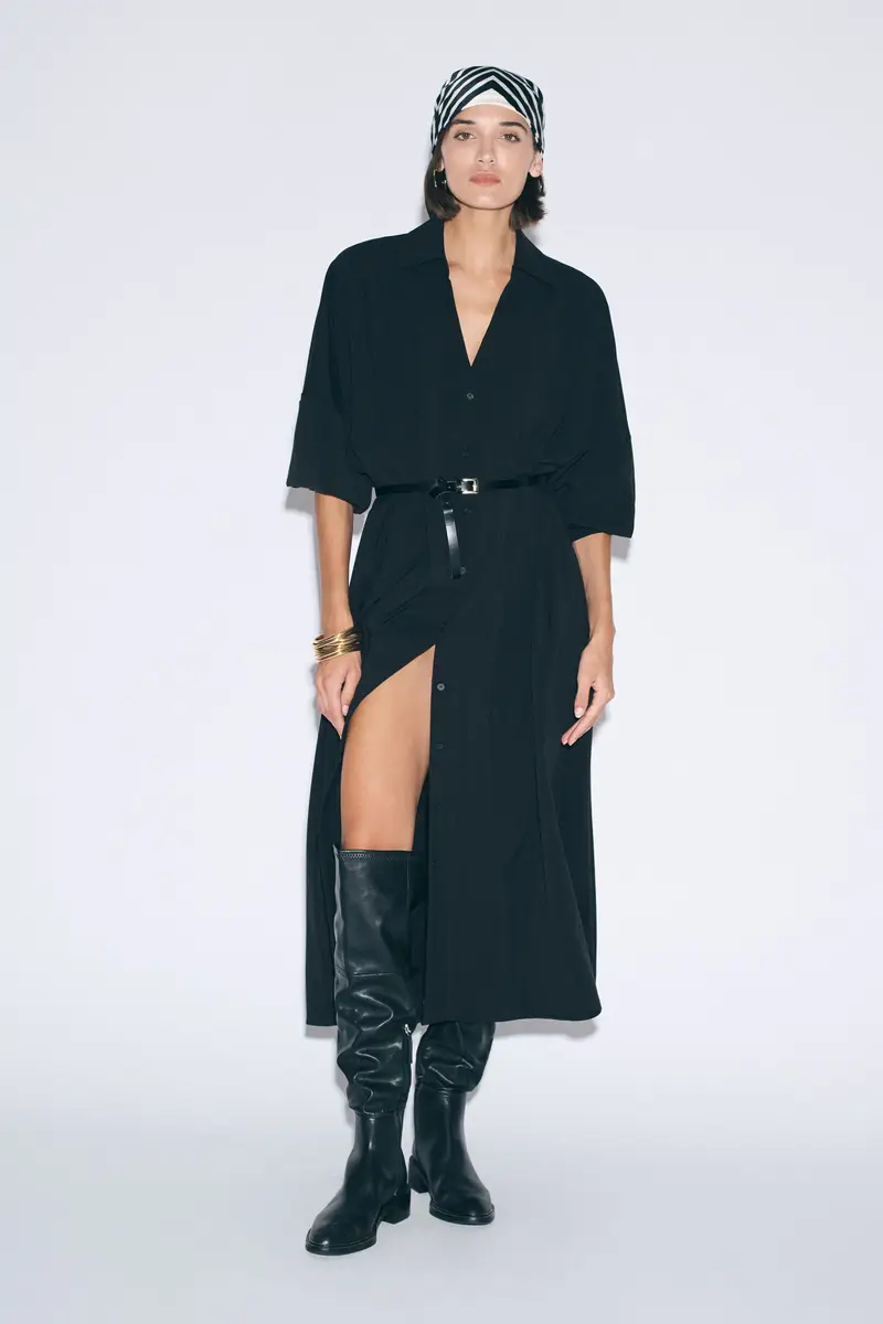 Abito lungo con cintura e bottoni frontali Nero miniatura 2