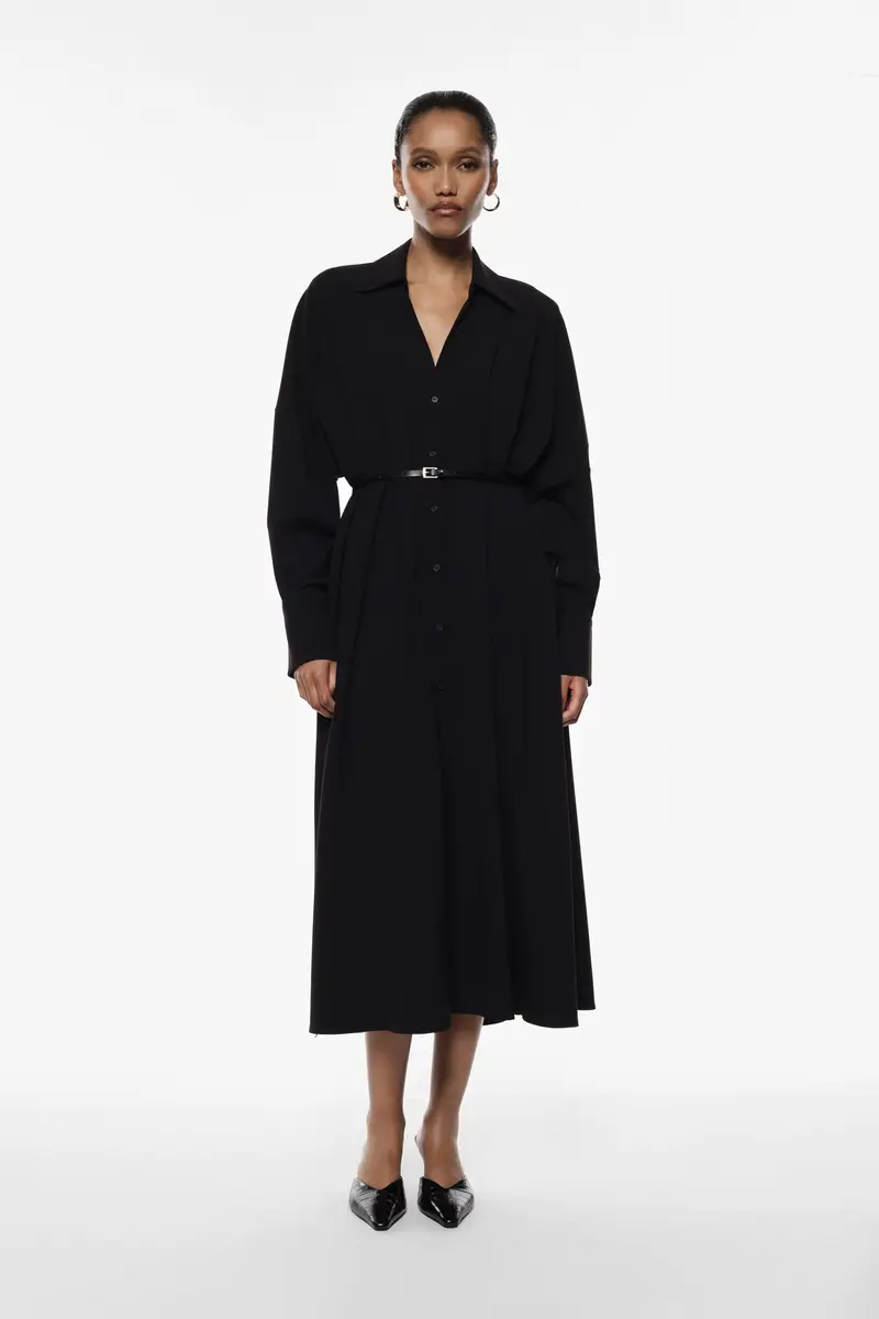 Abito lungo con cintura e bottoni frontali Nero miniatura 3