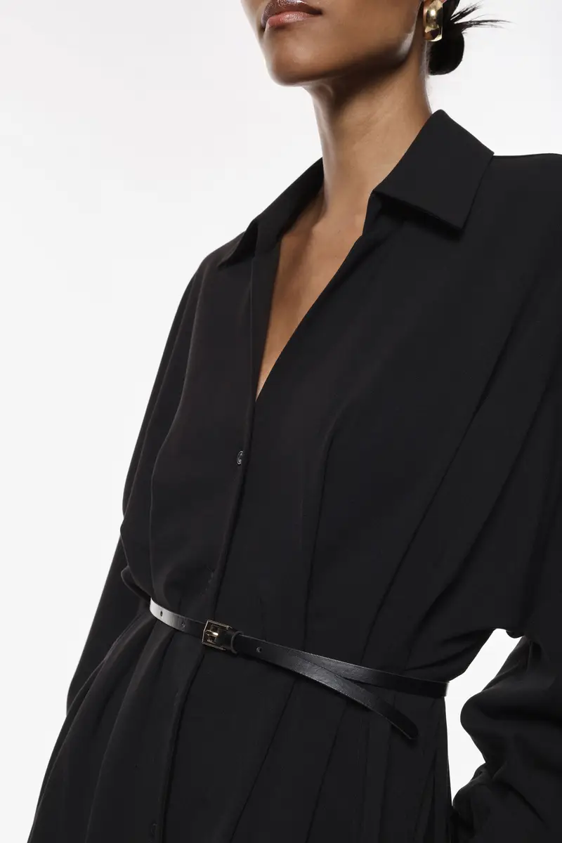 Abito lungo con cintura e bottoni frontali Nero miniatura 4