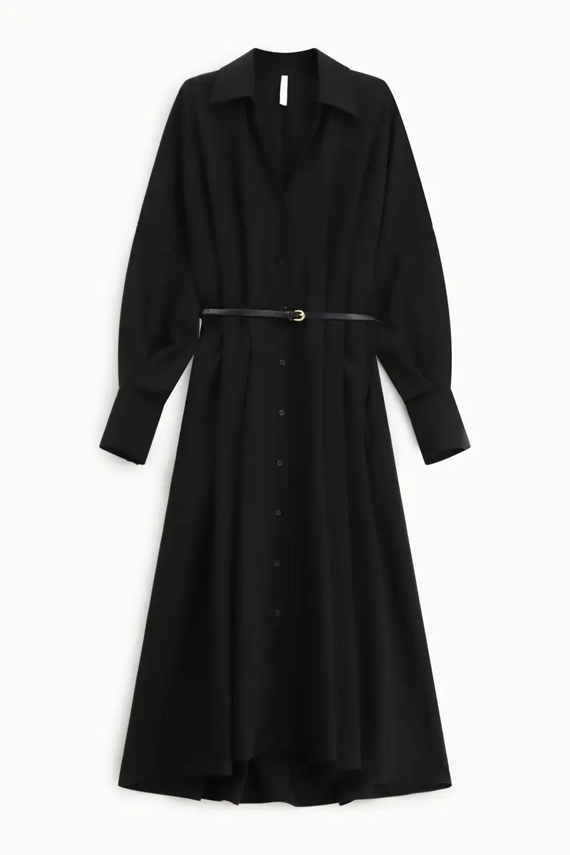Abito lungo con cintura e bottoni frontali Nero