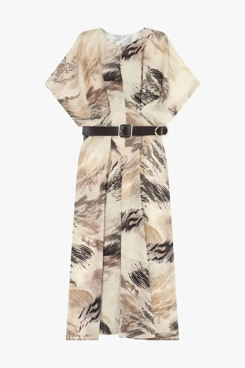 Abito lungo con cintura e motivo astratto Panna