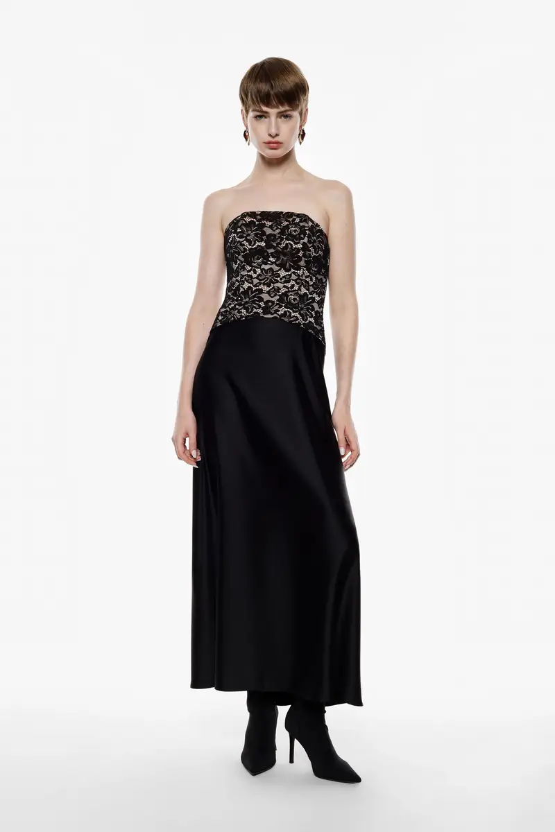 Abito lungo con corpetto in pizzo e scollo dritto Nero miniatura 2