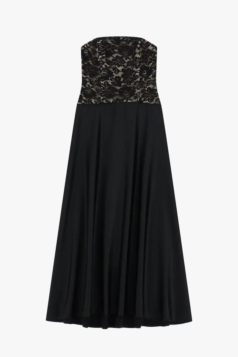 Abito lungo con corpetto in pizzo e scollo dritto Nero