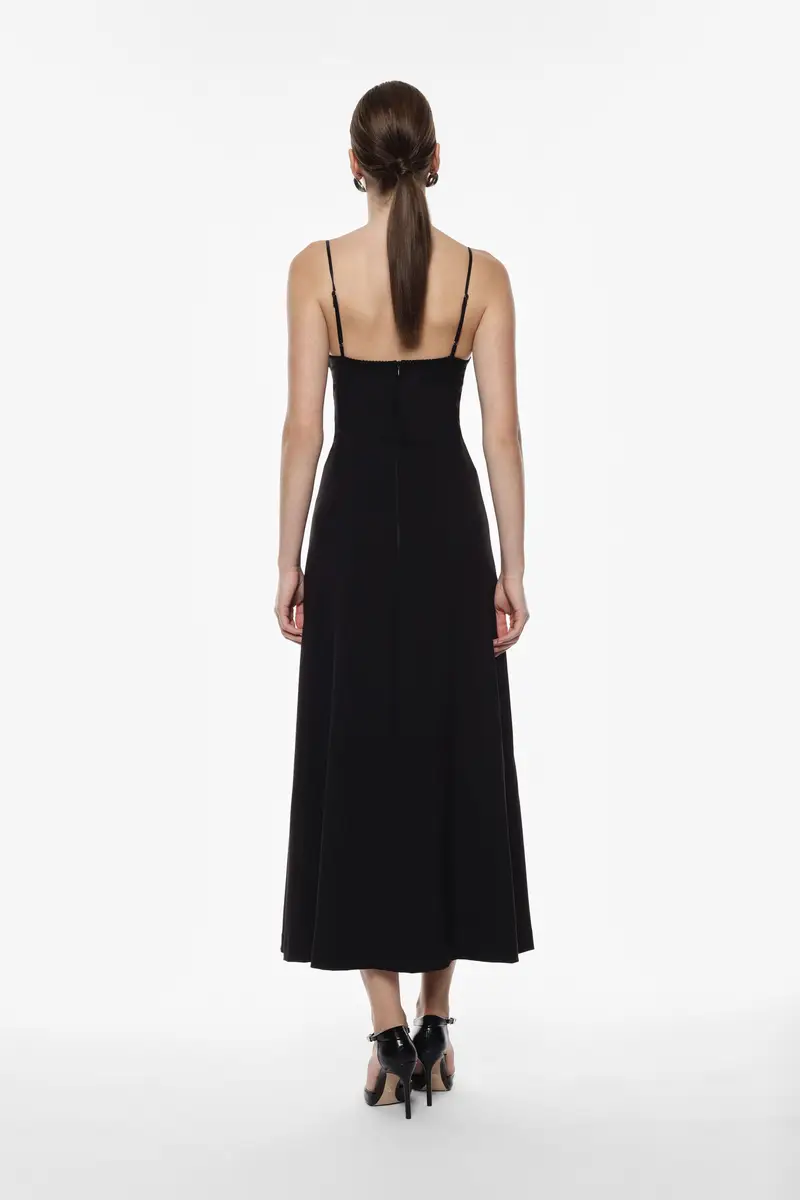 Abito lungo con corpino in pizzo e spalline sottili Nero miniatura 3