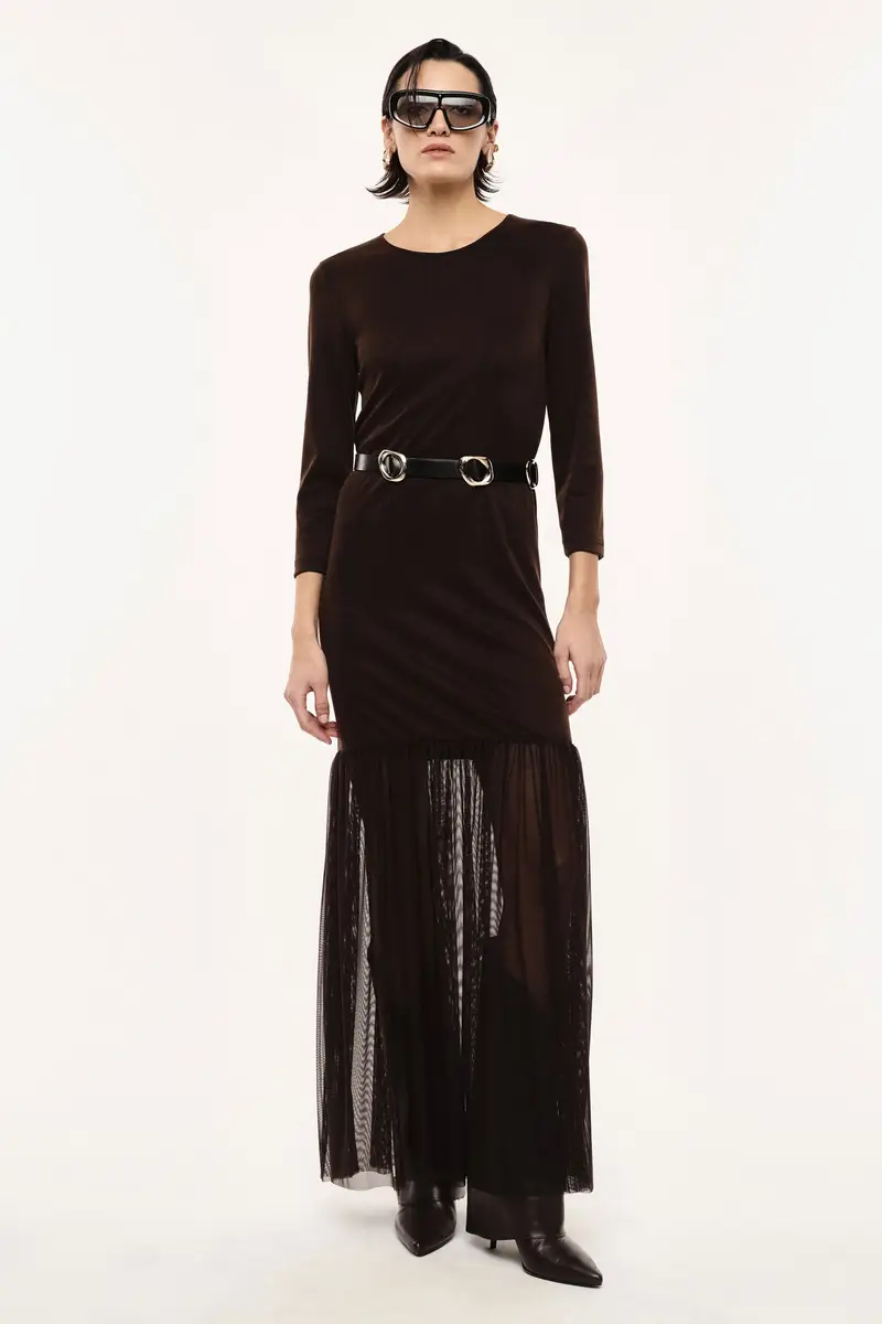 Abito lungo con dettagli in rete e cintura Fondente miniatura 2