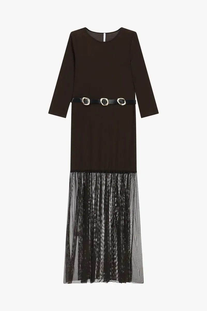 Abito lungo con dettagli in rete e cintura Fondente