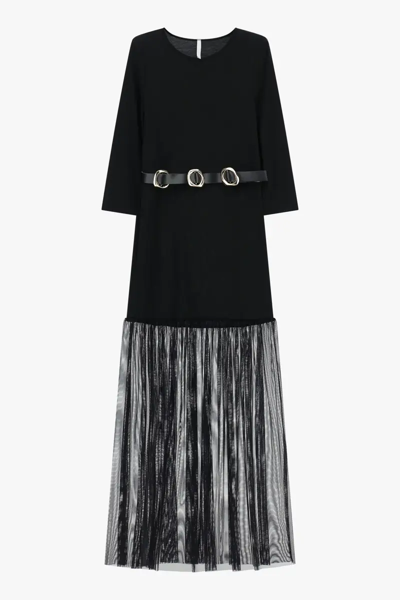 Abito lungo con dettagli in rete e cintura Nero