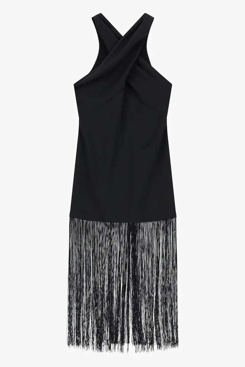 Abito lungo con dettagli incrociati e frange Nero