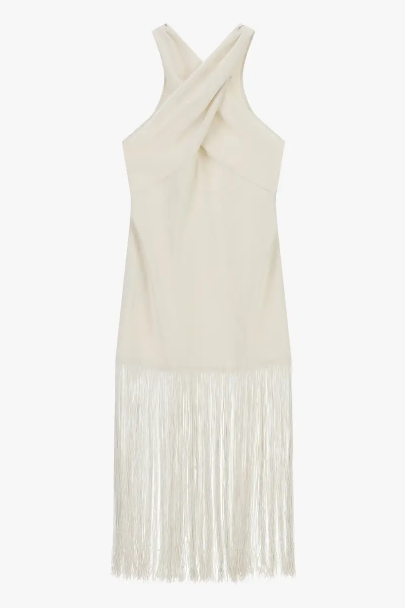 Abito lungo con dettagli incrociati e frange Zinco