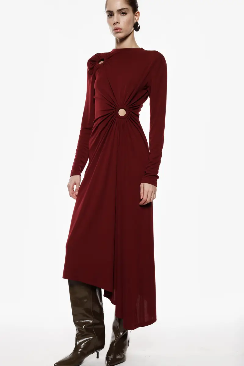 Abito lungo con drappeggi, cut-out e chiusura zip Bordeaux miniatura 2