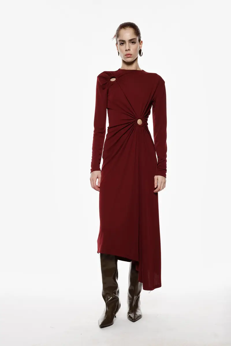 Abito lungo con drappeggi, cut-out e chiusura zip Bordeaux miniatura 3