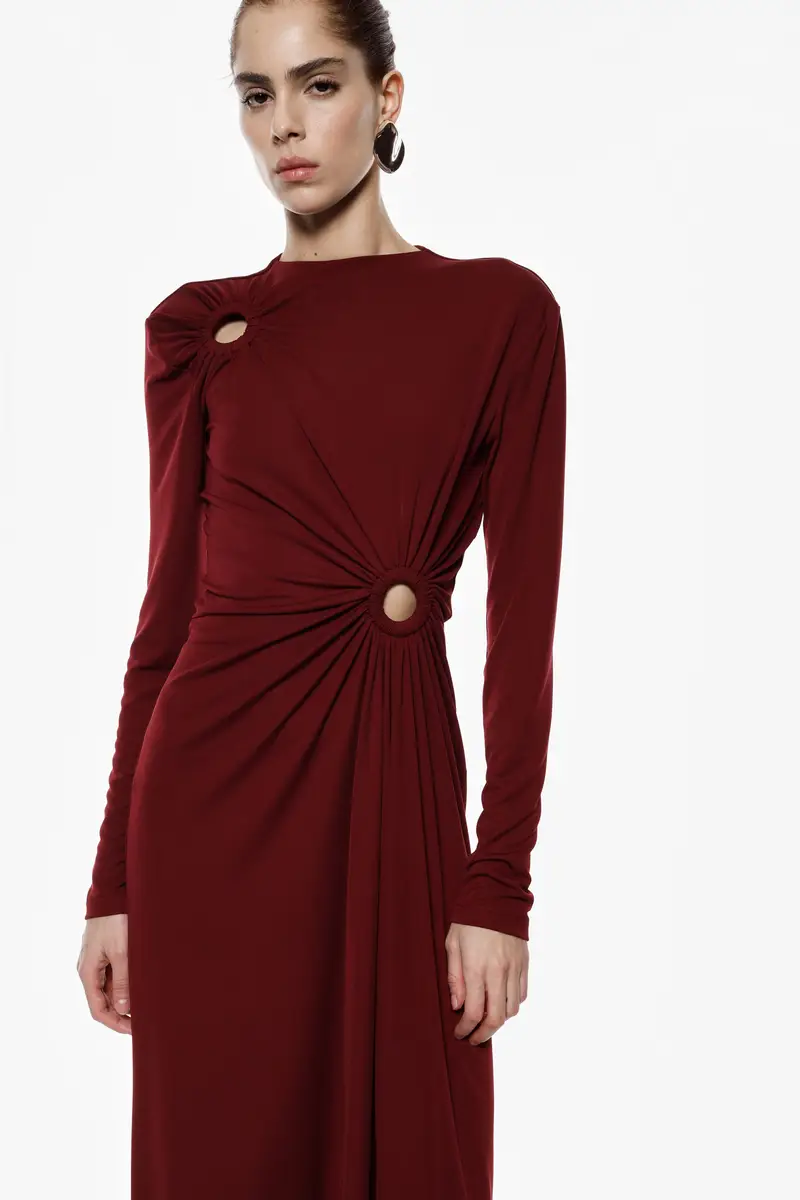 Abito lungo con drappeggi, cut-out e chiusura zip Bordeaux miniatura 4