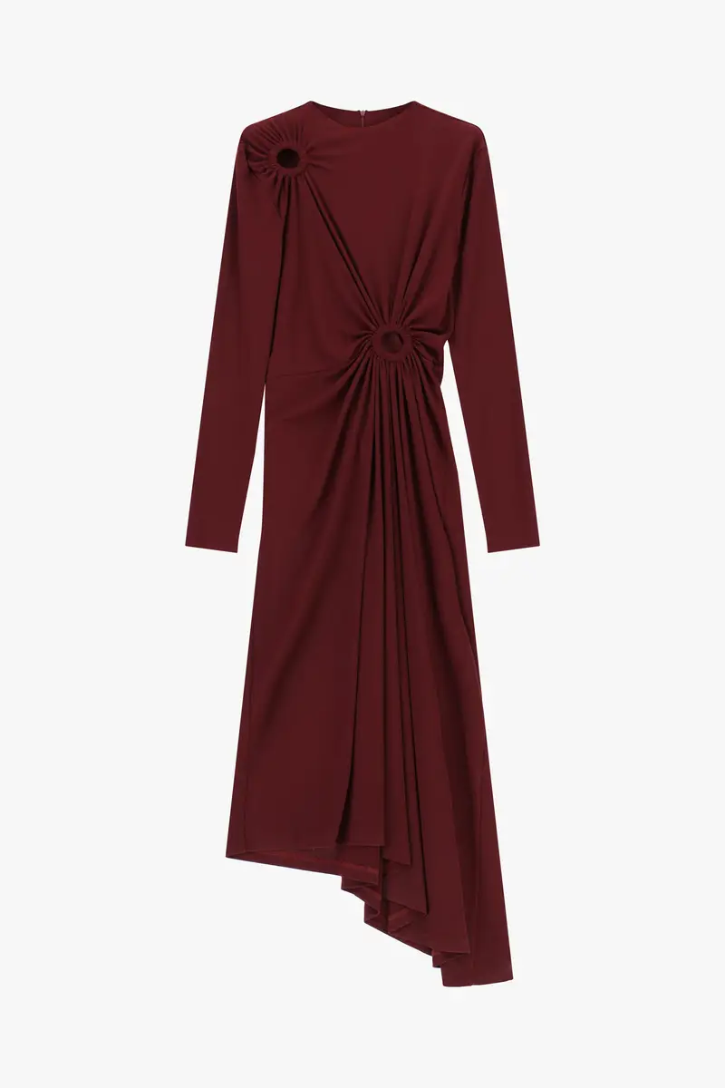 Abito lungo con drappeggi, cut-out e chiusura zip Bordeaux