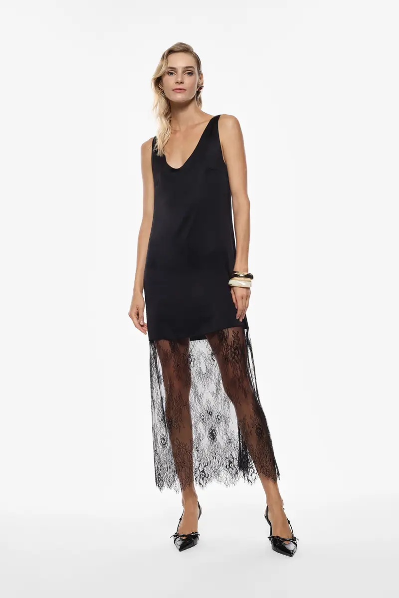 Abito lungo con inserti in pizzo e spalline Nero miniatura 2