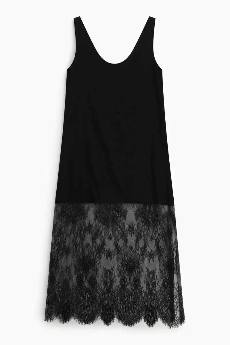 Abito lungo con inserti in pizzo e spalline Nero