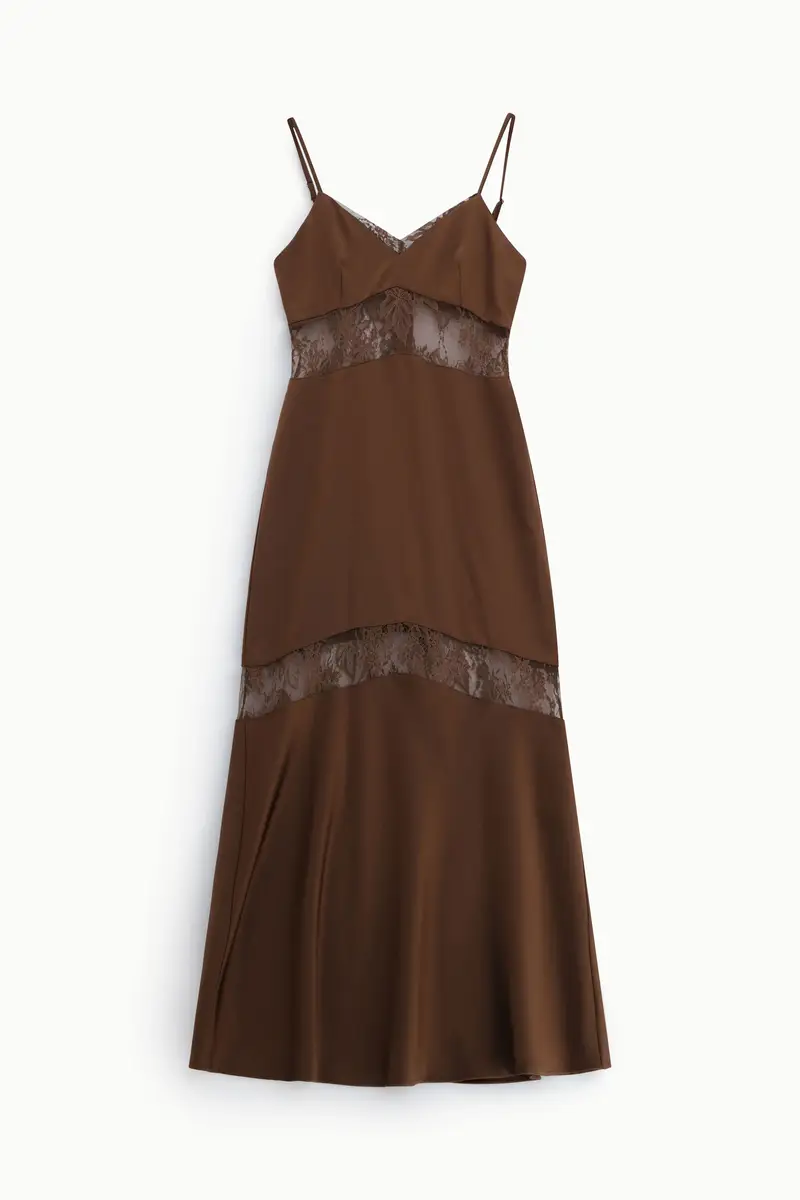 Abito lungo con inserti in pizzo e spalline sottili Cacao