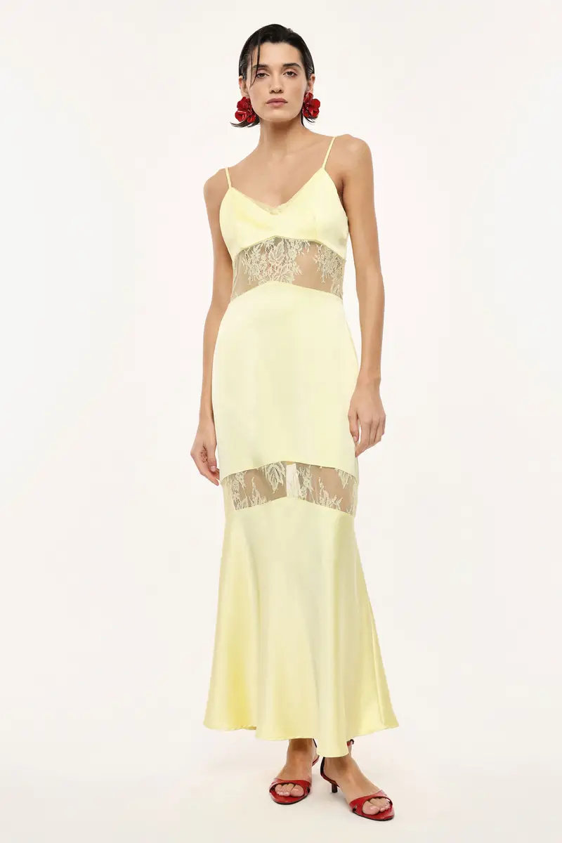 Abito lungo con inserti in pizzo e spalline sottili Canarino miniatura 2