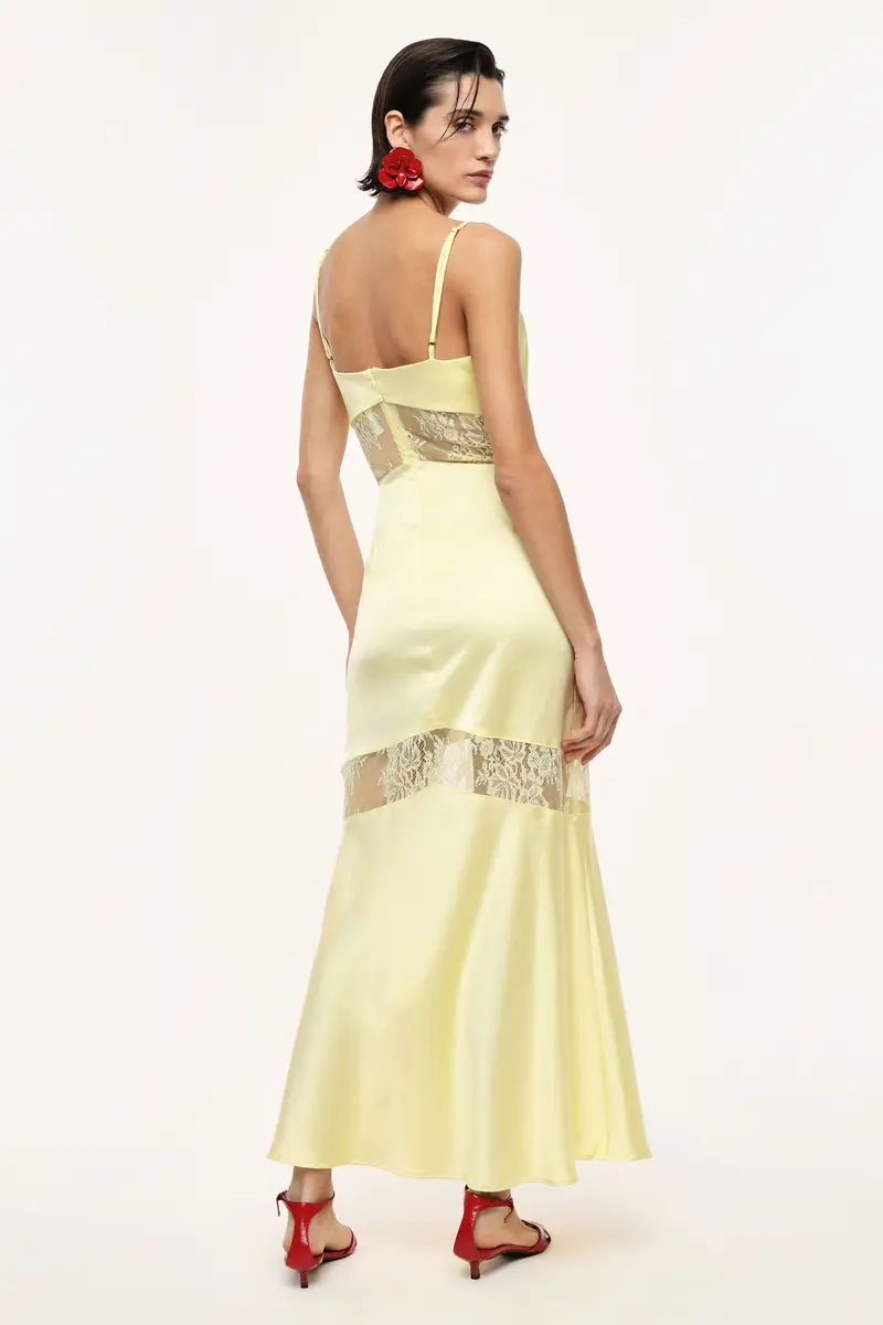 Abito lungo con inserti in pizzo e spalline sottili Canarino miniatura 3