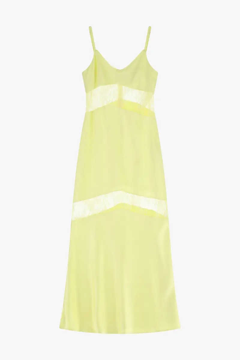 Abito lungo con inserti in pizzo e spalline sottili Canarino