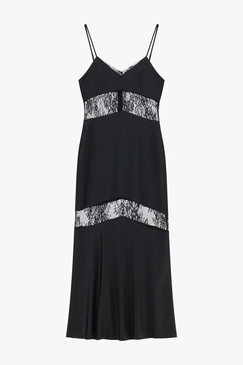 Abito lungo con inserti in pizzo e spalline sottili Nero