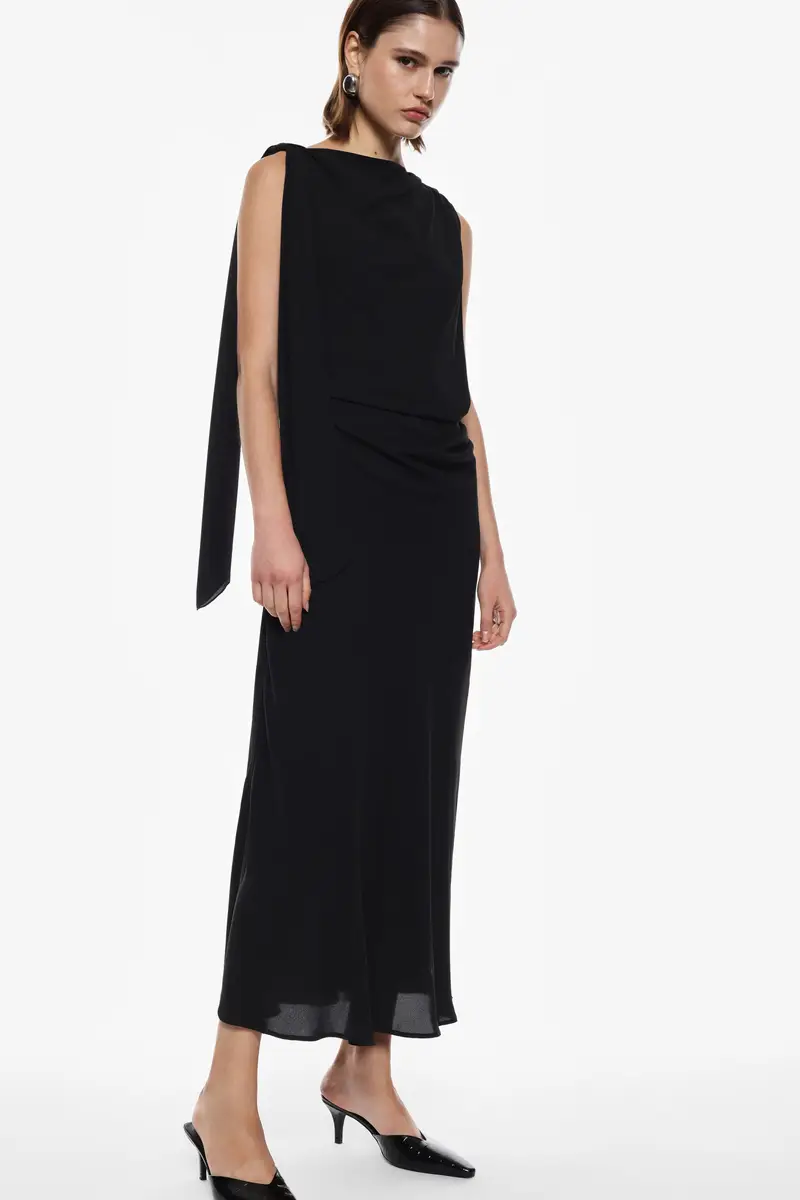 Abito lungo con manica asimmetrica e scollo a barca Nero miniatura 3