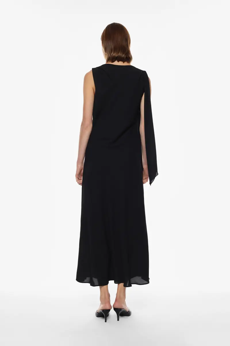 Abito lungo con manica asimmetrica e scollo a barca Nero miniatura 4