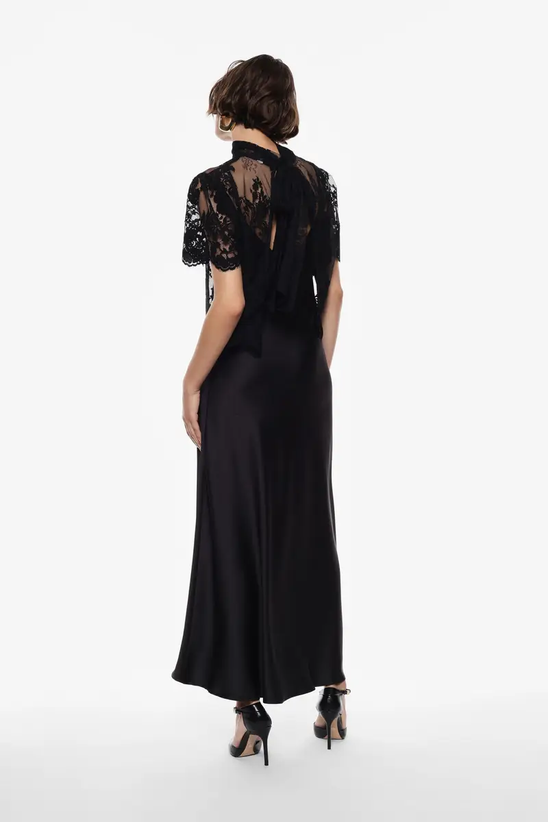Abito lungo con maniche corte in pizzo Nero miniatura 3