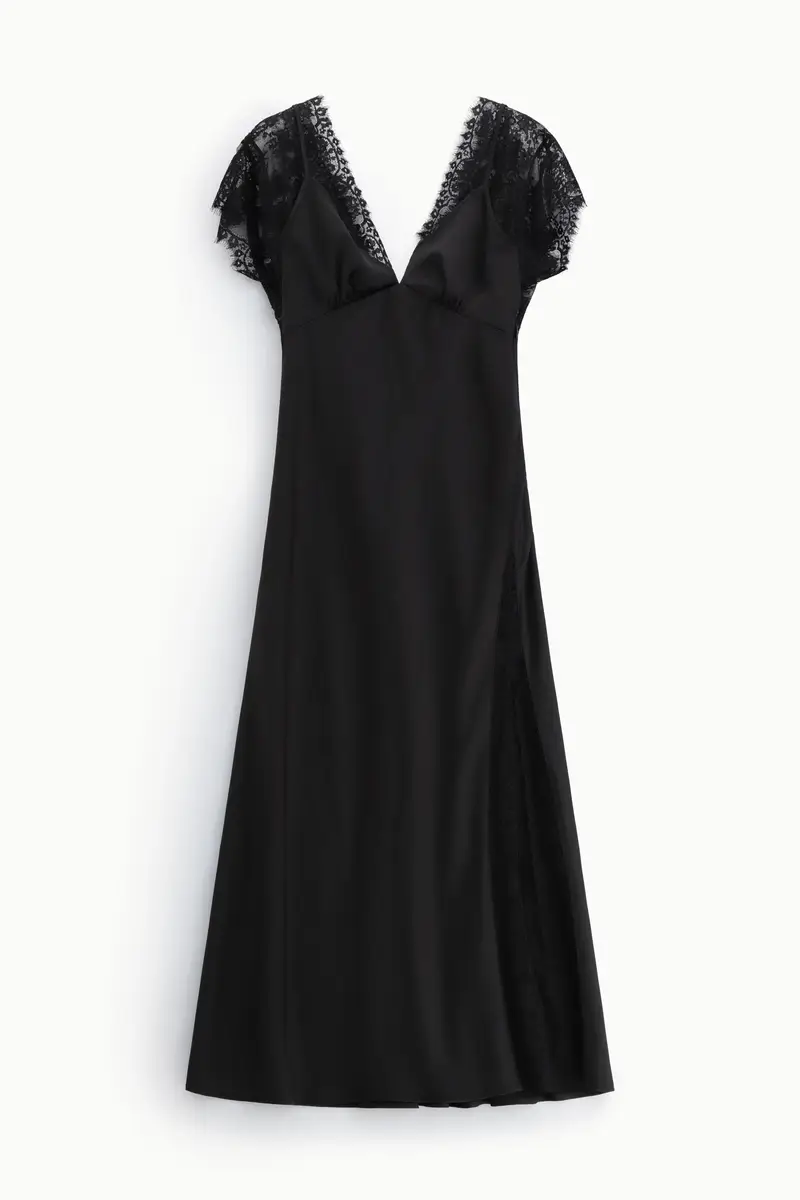 Abito lungo con maniche in pizzo e spacco laterale Nero