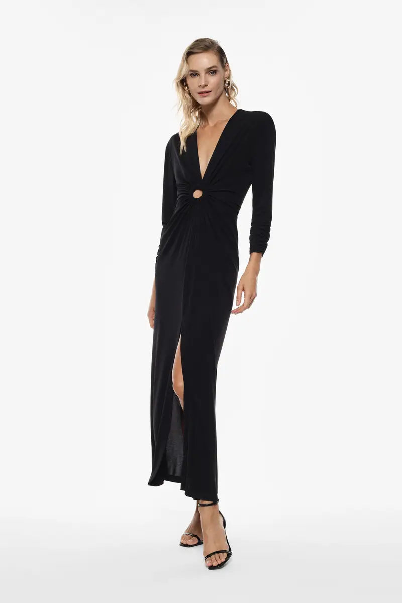 Abito lungo con maniche lunghe e anello centrale Nero miniatura 2