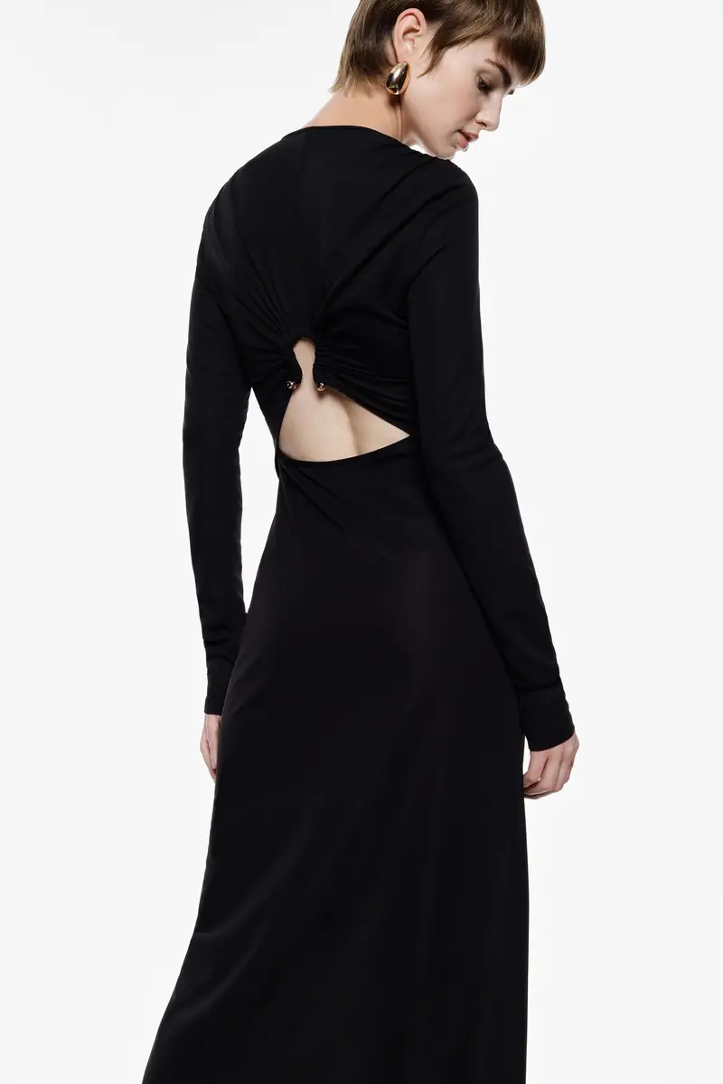 Abito lungo con maniche lunghe e schiena aperta Nero miniatura 2