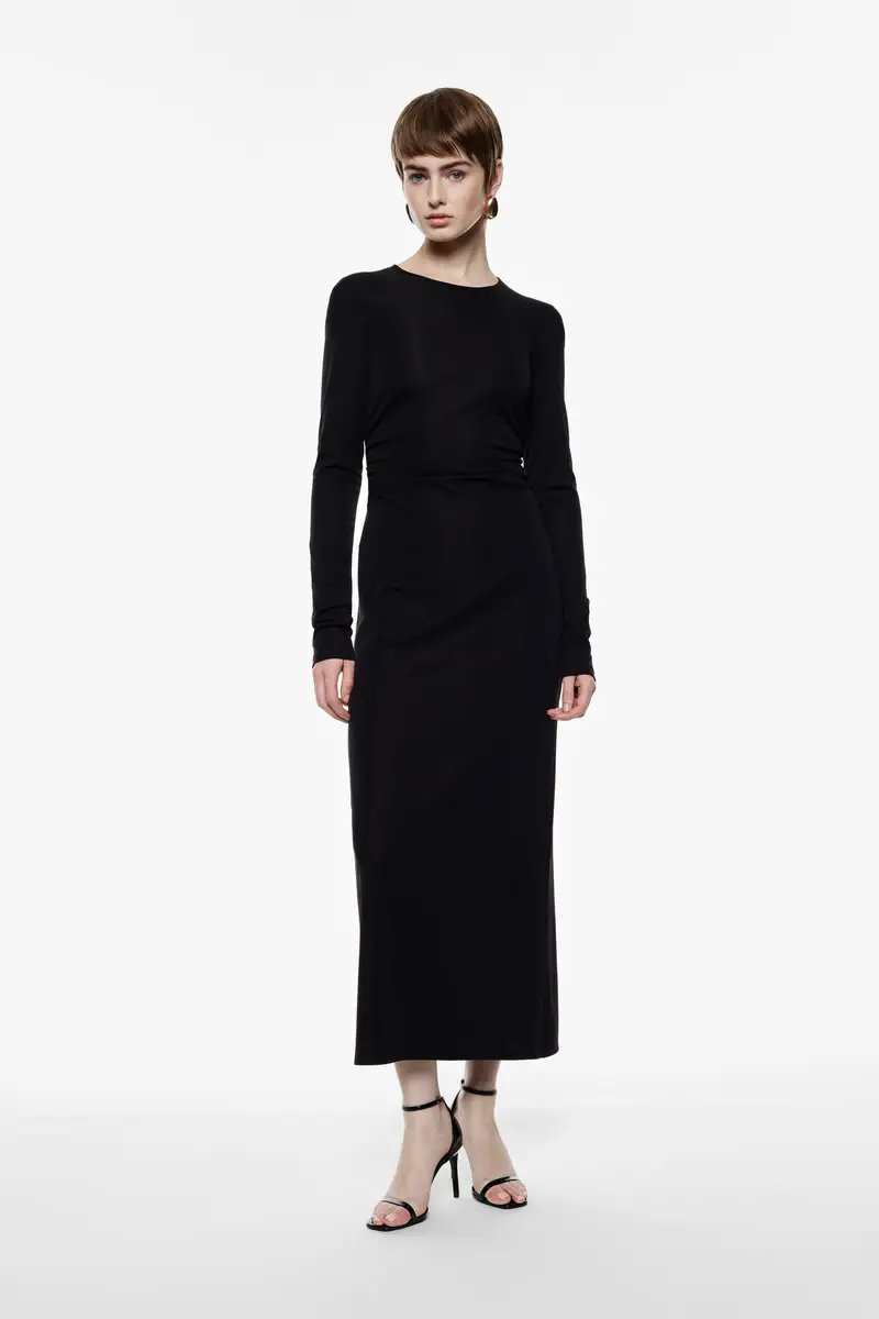 Abito lungo con maniche lunghe e schiena aperta Nero miniatura 3