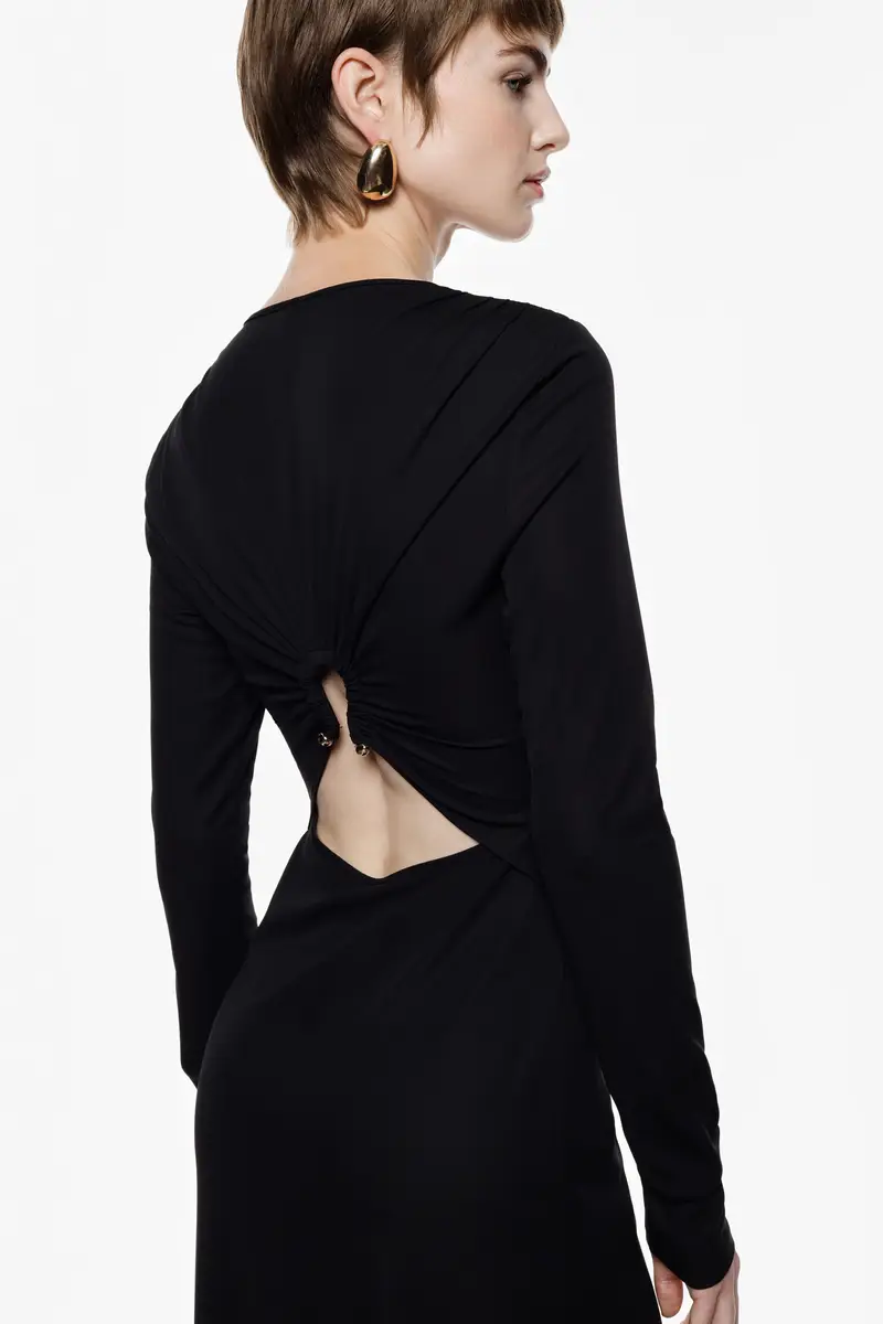 Abito lungo con maniche lunghe e schiena aperta Nero miniatura 4