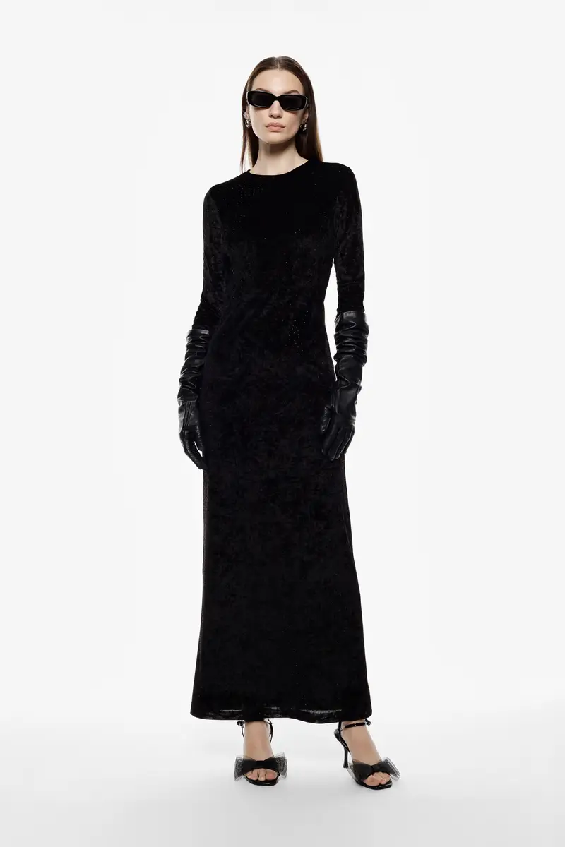 Abito lungo con maniche lunghe e schiena scoperta Nero miniatura 2